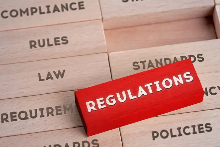 Drewniane klocki z napisami: "Compliance", "Rules", "Law", "Requirements", "Standards", "Policies". Czerwony klocek z napisem "REGULATIONS" wyróżnia się na tle pozostałych, symbolizując kluczowe środki trwałe w biznesie.
