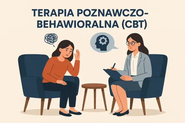 Kobieta w fotelu przeżywa trudne emocje, a terapeuta prowadzi terapię poznawczo-behawioralną, wspierając ją w procesie zmian.