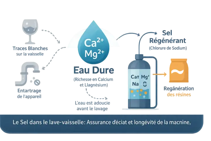 Schéma expliquant le rôle du sel régénérant dans un lave-vaisselle pour adoucir l'eau, éviter les traces et l'entartrage.