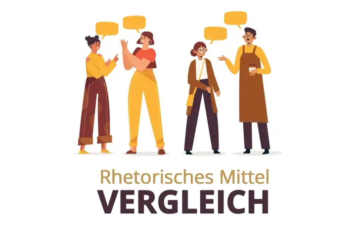 Vier Personen im Gespräch, wie bei einem Vergleich. Ein Stilmittel, das wie eine Simile im Deutschen wirkt.