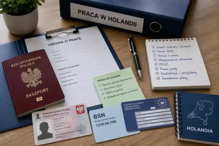 Dokumenty do pracy w Holandii: paszport, dowód, umowa, BSN, EKUZ. Lista kontrolna przed wyjazdem.