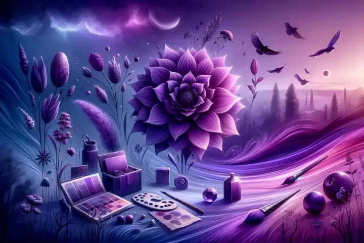 Artystyczna wizja, gdzie odcienie fioletu nazwy malują magiczny krajobraz. Kwiaty, ptaki i przybory malarskie w purpurowej krainie.
