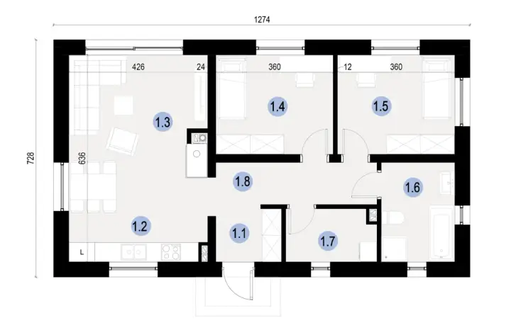 Projekt domu 70m2 parterowy. Rzut parteru z salonem, kuchnią, 3 sypialniami, łazienką i przedpokojem.