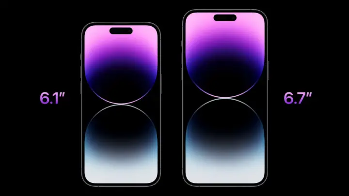 Dwa iPhone'y 14 Pro: mniejszy 6.1" i większy 6.7". Porównanie iPhone 14 Pro wymiary.