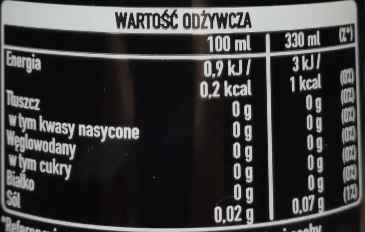 Tabela wartości odżywczych napoju, który jest cola zero kalorie. W 100 ml napoju znajduje się tylko 0,2 kcal.