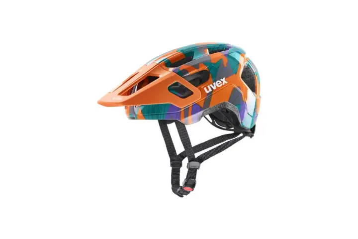 Kask rowerowy Uvex w rozmiarze 52-56 cm, idealny dla dziecka w wieku około 5-8 lat. Wielokolorowy, z pomarańczowym daszkiem.