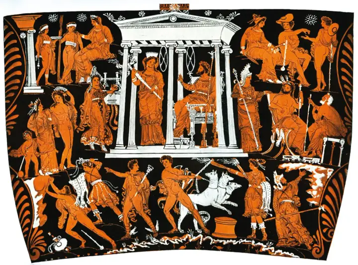 Starożytny grecki malunek przedstawia scenę z mitologii, gdzie bohaterowie walczą z potworami. To jakby piekło na ziemi, pełne akcji i dramatyzmu.