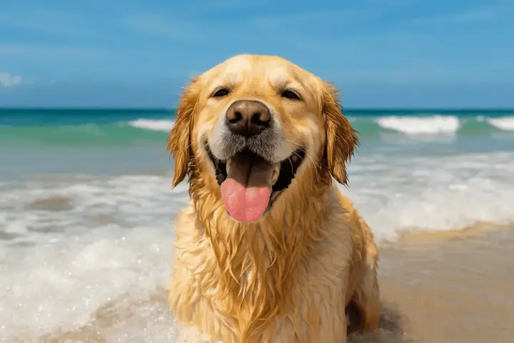 Golden retriever felice in acqua, con la lingua fuori. Chissà a quanti mesi posso portare il cane al mare per godersi questa gioia!