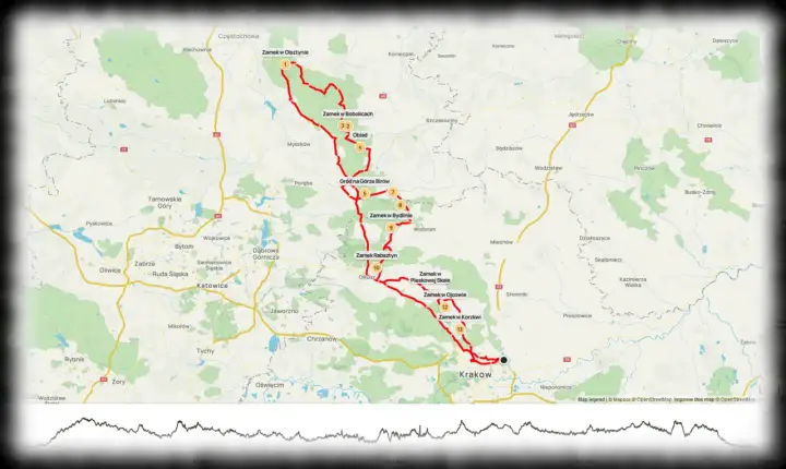 Trasa motocyklem po Szlaku Orlich Gniazd: od Zamku w Olsztynie przez Bobolice, Rabsztyn, Pieskową Skałę, Ojcowski Zamek aż do Krakowa.