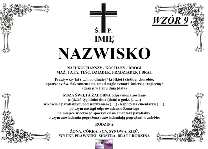 Wzór nekrologu z krzyżem i ozdobnymi ramkami. Informacje o zmarłym, mszy żałobnej i pogrzebie. Czas życia jak klepsydra.