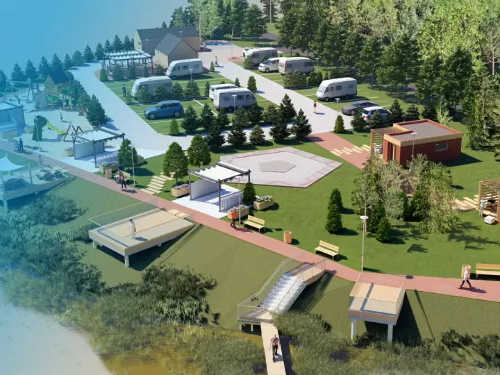 Nowoczesny camper park z placem zabaw, domkami i miejscami postojowymi dla kamperów.