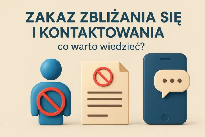 Zakaz zbliżania się i kontaktu. Ikony osoby, dokumentu i telefonu z symbolami zakazu.
