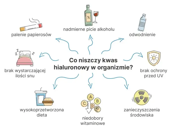Co niszczy kwas hialuronowy: palenie, alkohol, brak snu, zła dieta, niedobory witamin, odwodnienie, UV, zanieczyszczenia.
