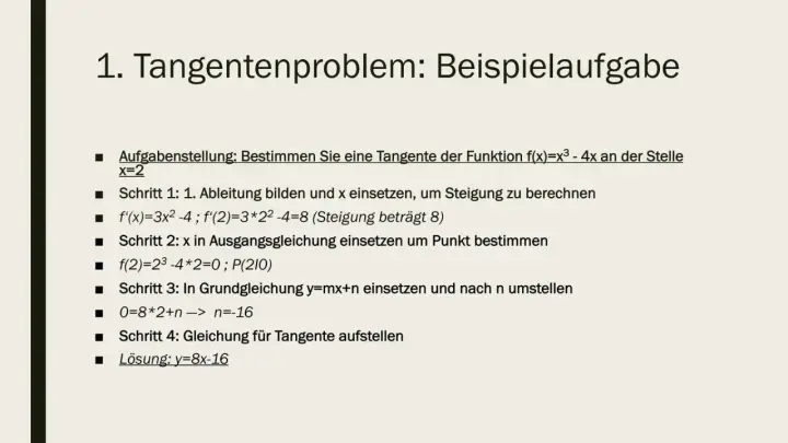 Aufgabenstellung: Bestimmen Sie eine Tangente der Funktion f(x)=x³-4x an der Stelle x=2. Die Lösung zeigt, was ist eine Tangente und wie man sie berechnet.