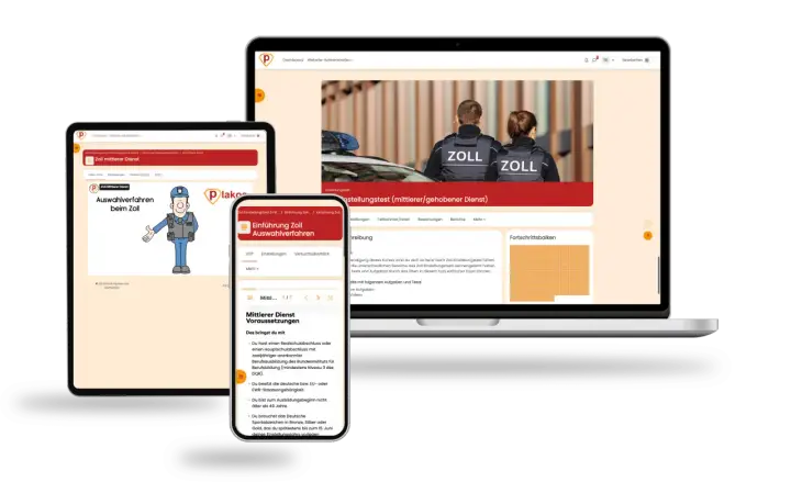 Drei Bildschirme zeigen eine Website über den Zoll-Einstellungstest mit Zollbeamten und einer Illustration.