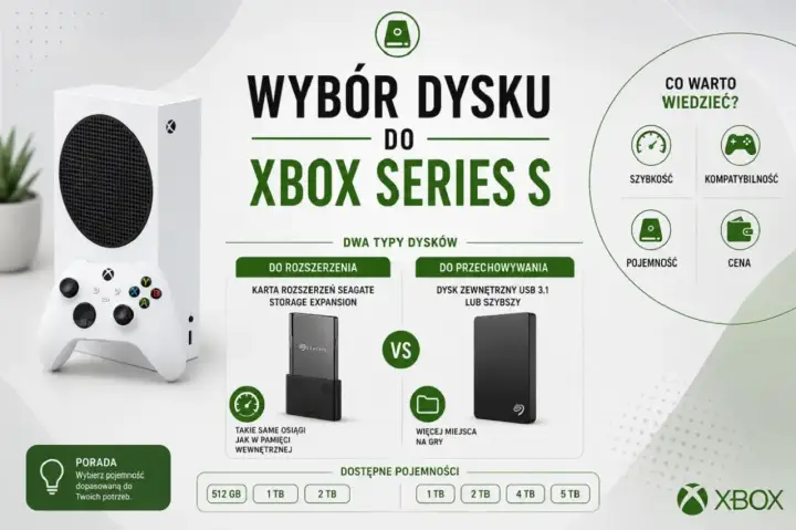 Porównanie dysków do Xbox Series S: karta rozszerzeń Seagate Storage Expansion vs dysk zewnętrzny USB 3.1. Wybierz pojemność dopasowaną do potrzeb.