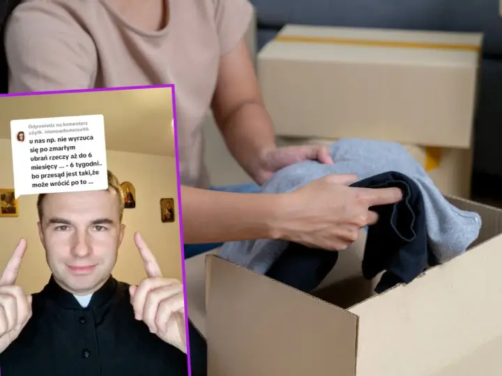 Ksiądz ostrzega: nie noś rzeczy po zmarłej osobie, bo przesąd mówi, że może wrócić po nie. Ręce pakują ubrania do kartonu.