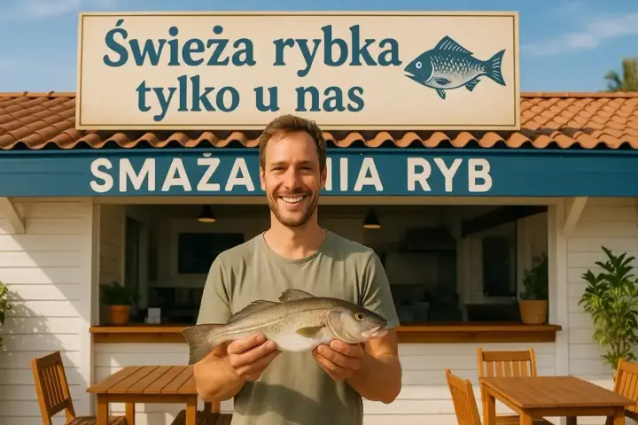 Uśmiechnięty mężczyzna trzyma świeżą rybę przed smażalnią. To idealny sezon na ryby bałtyckie!