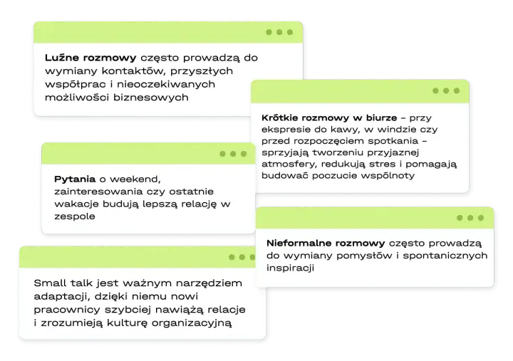 Luźne rozmowy, pytania o weekend i krótkie pogawędki przy kawie to small talk, który buduje relacje i sprzyja współpracy.