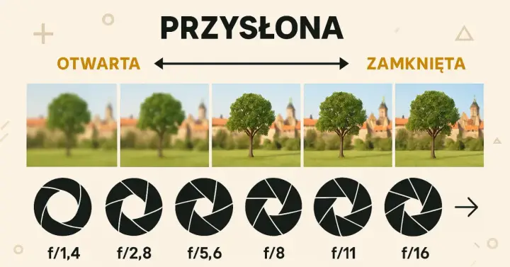 Przysłona w aparacie fotograficznym inaczej: od rozmytego tła do ostrości. Pokazane są różne wartości przysłony (f/1,4 do f/16) i ich wpływ na głębię ostrości.