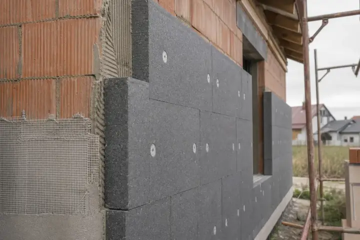 Mur 40 cm z cegły, ocieplony szarym styropianem grafitowym, z siatką i klejem.