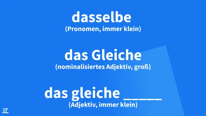 Drei deutsche Ausdrücke: "dasselbe" (Pronomen), "das Gleiche" (nominalisiertes Adjektiv) und "das gleiche" (Adjektiv).