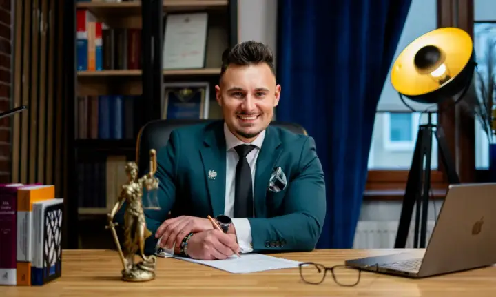 Mężczyzna w garniturze siedzi przy biurku, pisze na papierze. Obok laptop, okulary i Statua Temidy.