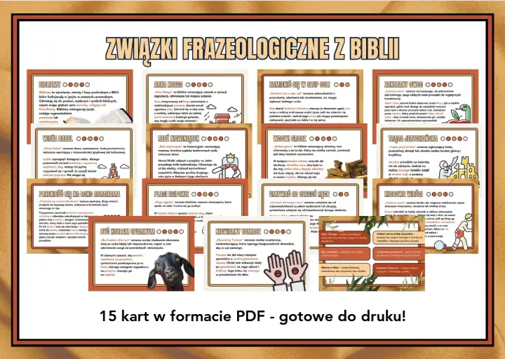 Związki frazeologiczne z biblii: "Arka Noego" to ratunek, "Wieża Babel" to chaos, a "zakazany owoc" to pokusa.