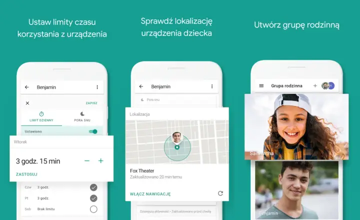 Zarządzaj czasem ekranu dziecka z kontrolą rodzicielską Android. Ustaw limity, sprawdzaj lokalizację i twórz grupy rodzinne.