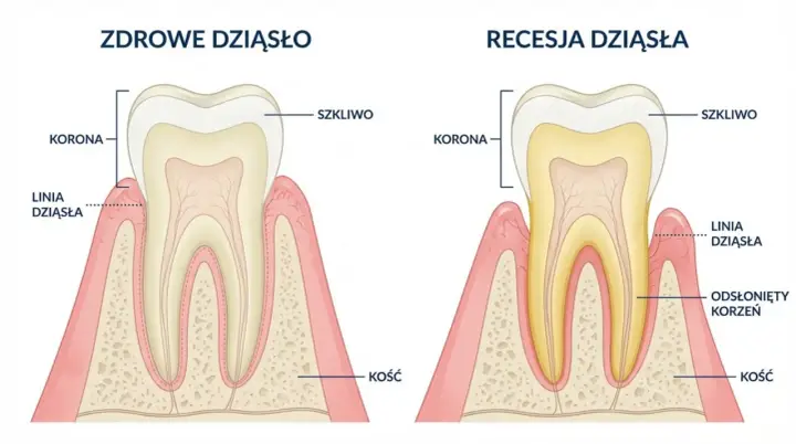 Zdrowe dziąsło vs. recesja dziąsła. Ilustracja pokazuje odsłonięty korzeń zęba, co jest oznaką problemów z dziąsłami.
