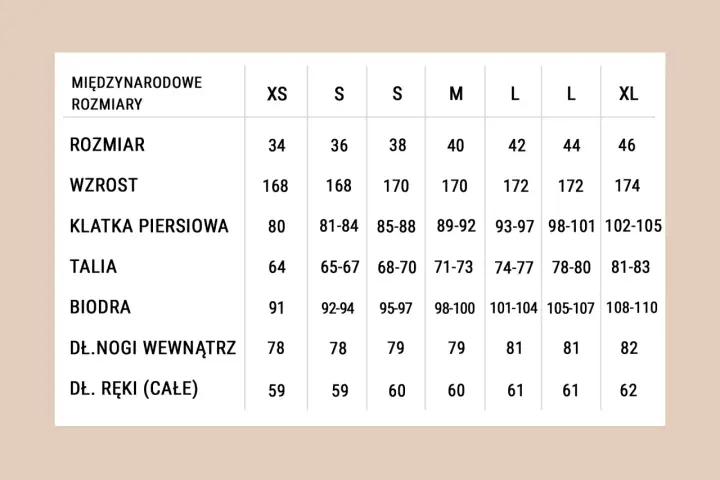 Tabela rozmiarów od XS do XL. Rozmiar 80 w klatce piersiowej odpowiada wiekowi ok. 10-12 lat, wzrostowi 168 cm.