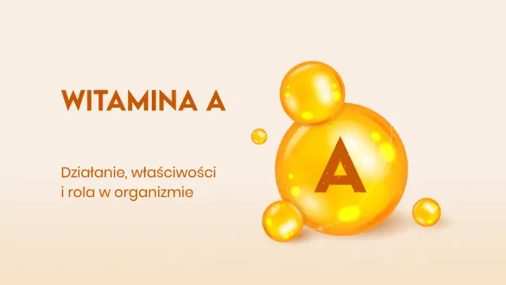 Wielka kropla z literą "A" symbolizuje witaminę A, której działanie doustne jest kluczowe dla zdrowia.