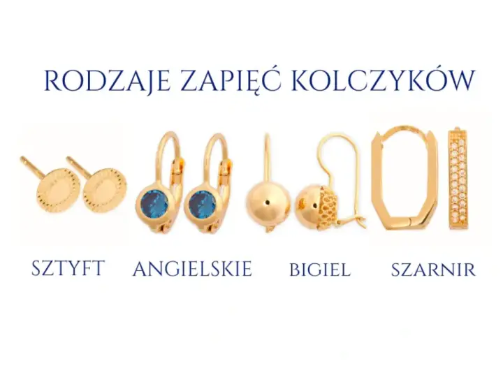 Różne rodzaje zapięć kolczyków: sztyft, angielskie, bigiel, szarnir. Złote kolczyki z kamieniami i cyrkoniami.