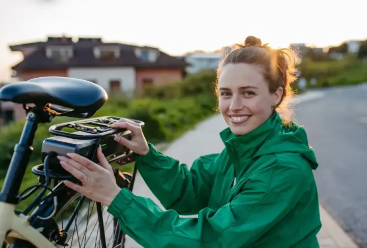 Uśmiechnięta kobieta przy rowerze elektrycznym, który może być objęty dofinansowaniem.