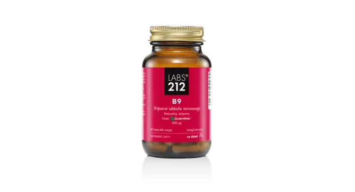 Suplement diety LABS 212 B9 z folianem Quatrefolic, aktywna forma kwasu foliowego, wspiera układ nerwowy. 60 kapsułek wege.