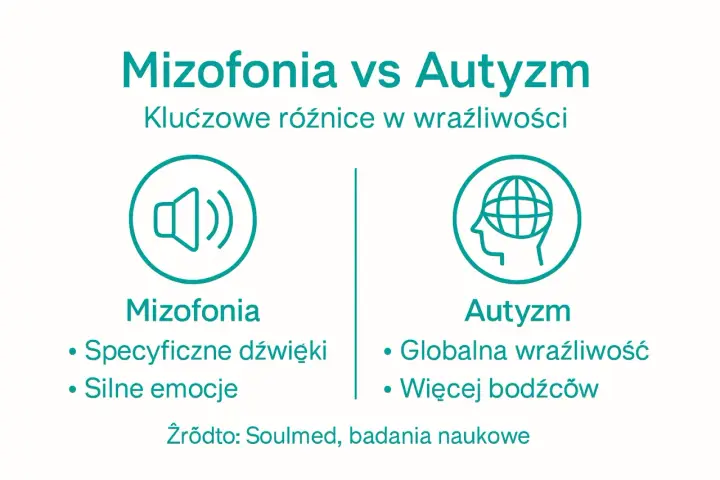 Mizofonia vs Autyzm: kluczowe różnice w wrażliwości. Mizofonia to specyficzne dźwięki i silne emocje. Autyzm to globalna wrażliwość i więcej bodźców.