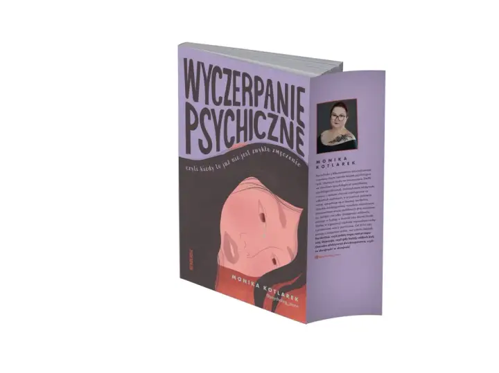 Książka "Wyczerpanie psychiczne" Moniki Kotlarek. Okładka z ilustracją smutnej twarzy, symbolizująca zmęczenie psychiczne.