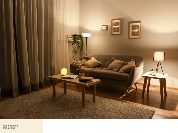 Przytulny salon z kanapą, stolikiem i dywanem. Ciepłe, jasne kolory do salonu tworzą relaksującą atmosferę.