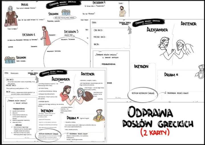 Odprawa posłów greckich" - bohaterowie Aleksander i Antenor dyskutują. Aleksander, syn Priama, jest egoistą, Antenor rozsądnym doradcą.