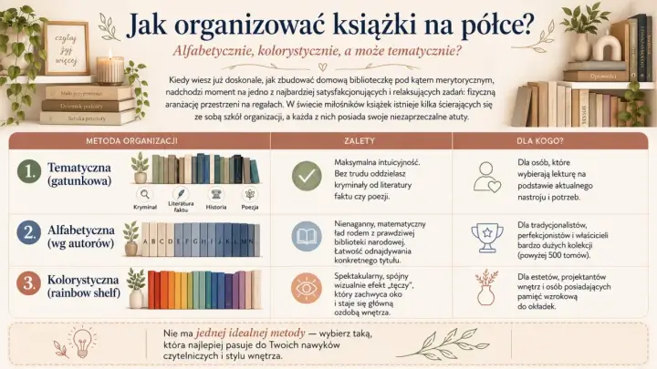 Trzy metody organizacji książek: tematyczna, alfabetyczna i kolorystyczna. Każda z nich ma swoje zalety i jest dla innego typu czytelnika.