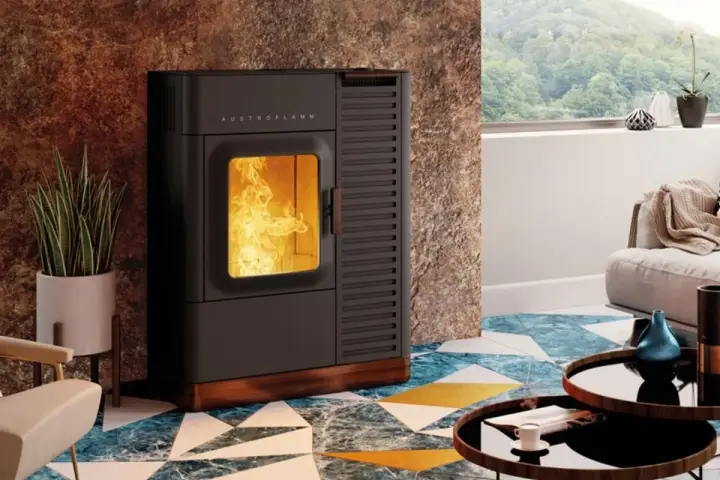 Poêle à granulés sans électricité, créant une ambiance chaleureuse avec ses flammes vives. Un design moderne pour un confort durable.
