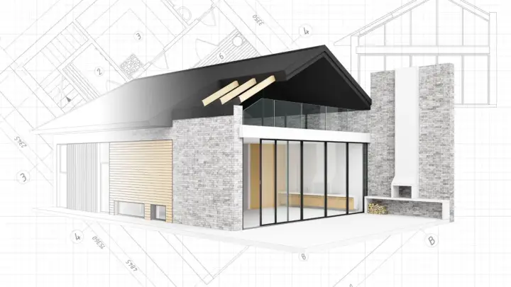 Nowoczesny dom z kamienia i drewna, z dużymi przeszkleniami, na tle planów architektonicznych. Zmiany nieistotne prawo budowlane.