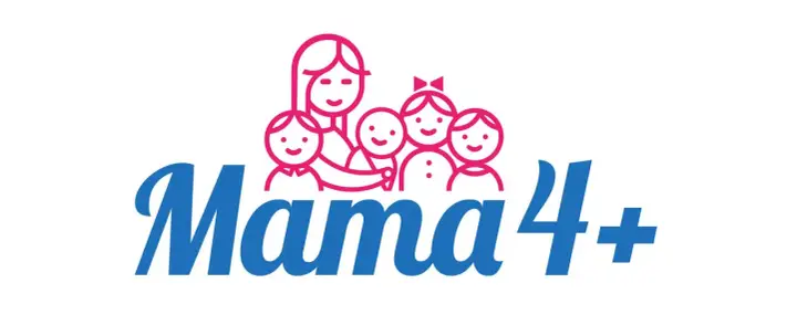 Logo Mama 4+ z uśmiechniętą mamą i czwórką dzieci.