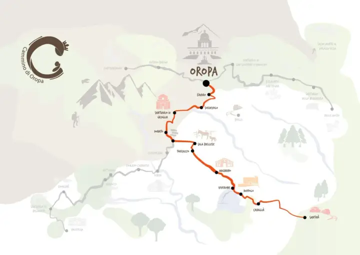 Mappa stilizzata del Cammino di Oropa, con sentieri, santuari e località.