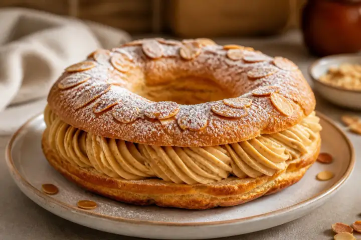 Un Paris-Brest, rond et généreux, garni de crème pralinée, saupoudré de sucre glace et d'amandes effilées. Une invitation à la gourmandise.