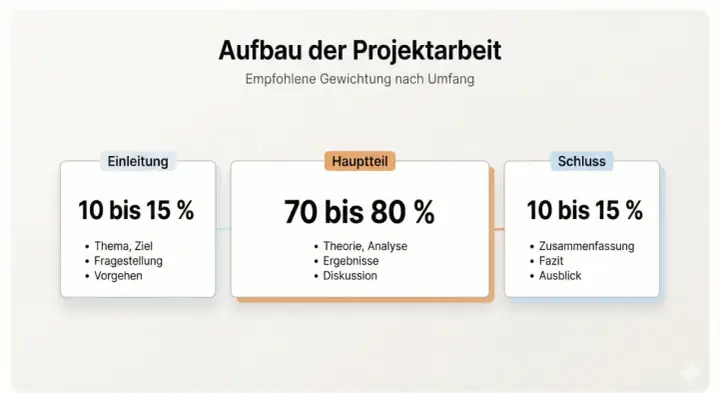 Aufbau der Projektarbeit: Einleitung (10-15%), Hauptteil mit Theorie, Analyse, Ergebnissen (70-80%), Schluss (10-15%).