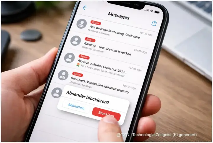 Hand blockiert unerwünschte SMS. Die Nachricht "Absender blockieren?" wird auf dem Smartphone angezeigt.