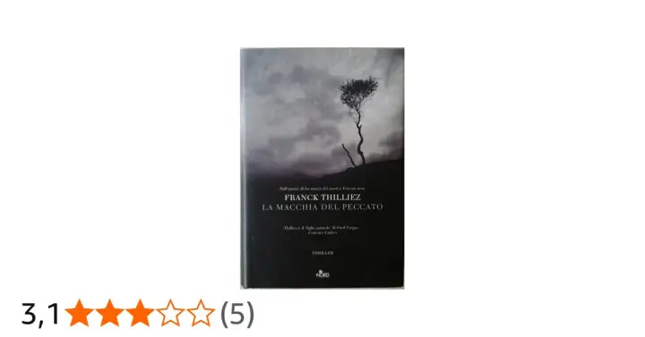 Copertina del libro "La macchia del peccato" di Franck Thilliez. Un albero solitario su uno sfondo nuvoloso evoca un'atmosfera cupa.