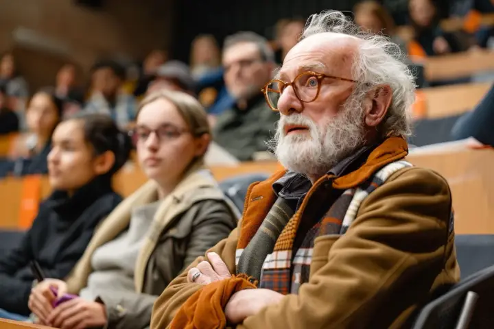 Un anziano con barba bianca e occhiali partecipa a un evento, forse per scoprire le agevolazioni over 65.