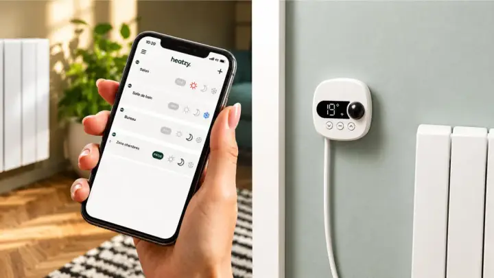Contrôlez votre chauffage avec une installation domotique. Une main tient un smartphone affichant l'application Heatzy pour gérer les zones, tandis qu'un thermostat intelligent est fixé au mur.